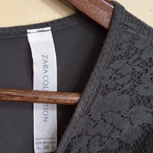 Zara| Feminine Dark Gray Lace Lined Short Sleeve Mini Dress Sz L - Picture 5 of 6